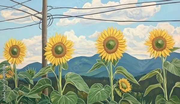 Obraz Four sunflowers stand tall against a backdrop of blue mountains, under a light blue sky with wispy clouds.  Power lines crisscross the upper portion of the image