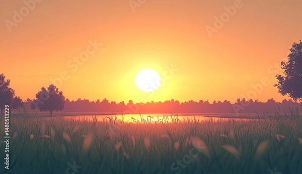 Obraz Serene sunset over a tranquil field. Lush grass foreground,  trees and a lake in the background. Vivid orange and yellow hues