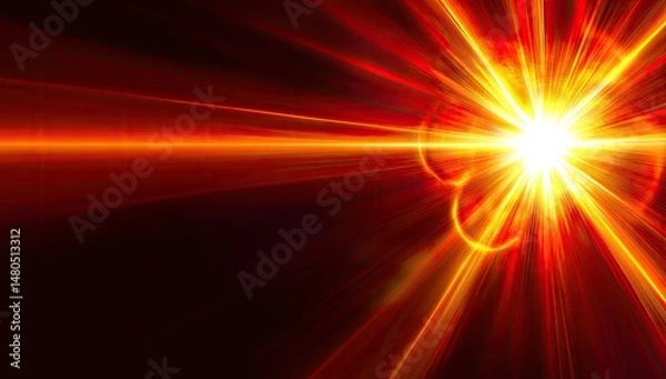 Obraz Intense radiant light bursts outwards from a central point, radiating vibrant orange-red rays across a dark background.  A horizontal line of light sits in the middle ground