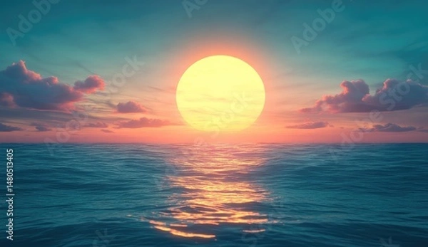 Obraz Vast ocean at sunset.  Golden sun,  calm waters,  pink clouds