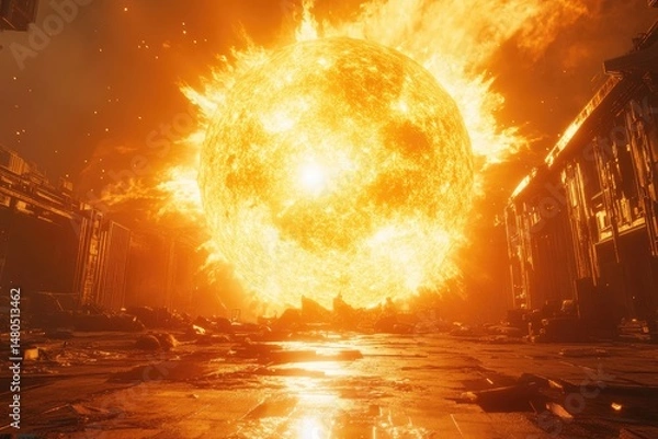 Obraz Massive, fiery sun blazing over ruined cityscape.  Debris and fractured structures surround the glowing orb