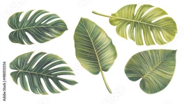 Obraz Set of stylized tropical leaves in various shades of green.  Intricate, detailed leaf structures with veins and a variety of shapes. Vivid colors and textures create a lush, botanical design