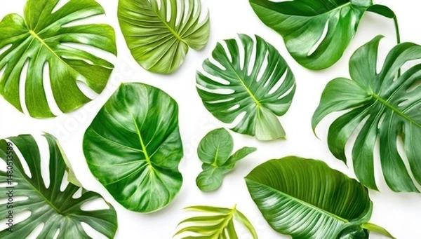 Obraz Vibrant green tropical leaves arranged on a white background.  Various shapes and sizes, showcasing lush foliage