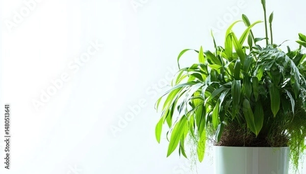 Obraz Potted plant, vibrant green foliage against a plain white background. Lush, healthy, and well-lit indoor greenery