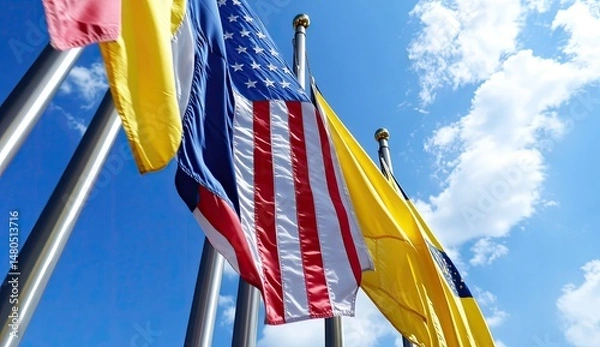 Obraz Flags of different nations waving in the wind against a clear blue sky.  Flags include American,  national flags