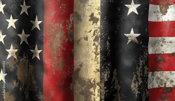 Obraz Weathered American flag, showing a worn and rusty appearance with faded stripes and stars.  Visible texture of the fabric
