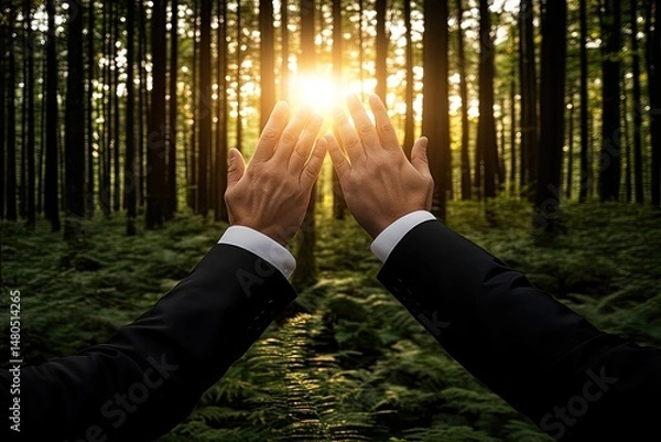 Obraz Hands raised in a forest, sunlight beaming through the trees.  A symbolic image of hope and positivity, perhaps highlighting nature conservation or environmentalism
