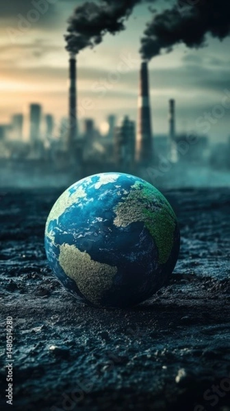 Fototapeta Earth globe on the polluted ground with factory smokestacks at the background. Environmental pollution ecology concept