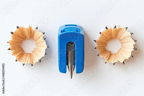 Obraz Pencil shavings and a sharpener,  arranged symmetrically on a white surface.  The shavings form circular patterns around the sharpener