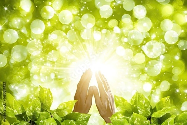 Obraz Hands raised in prayer, surrounded by vibrant green foliage and radiant light