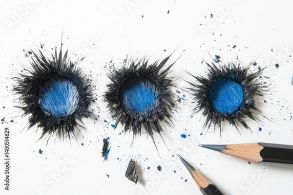 Obraz Three graphite pencil holes, vibrant blue inside, radiating dark grey debris on a white background
