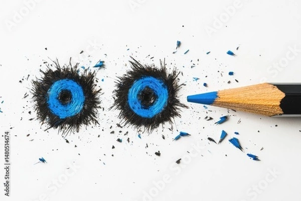 Obraz Two vibrant blue circles, remnants of a broken pencil, on a white surface.  A sharpened pencil tip points towards them