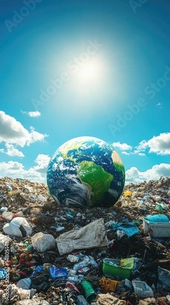 Fototapeta Earth globe in a landfill of plastic waste and garbage against the sun and blue sky. Environmental pollution ecology concept