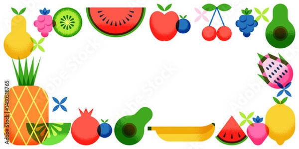 Fototapeta Fruits berries frame. Vector geometric illustration of pineapple, grape, lemon, watermelon. Food banner, package design