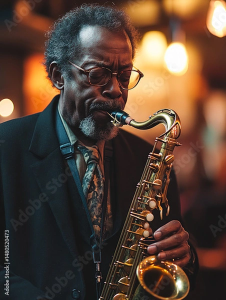Obraz Elderly jazz musician passionately playing the saxophone in a warmly lit venue, capturing the timeless art of live music performance.  
