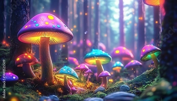 Fototapeta Enchanted Forest with Colorful Mushrooms