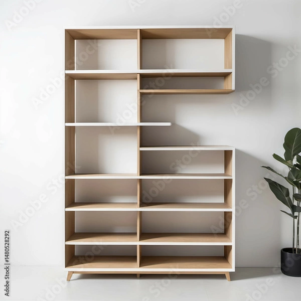 Fototapeta Minimalist bookshelf, open shelves, white and oak finish, straight front view on a white background