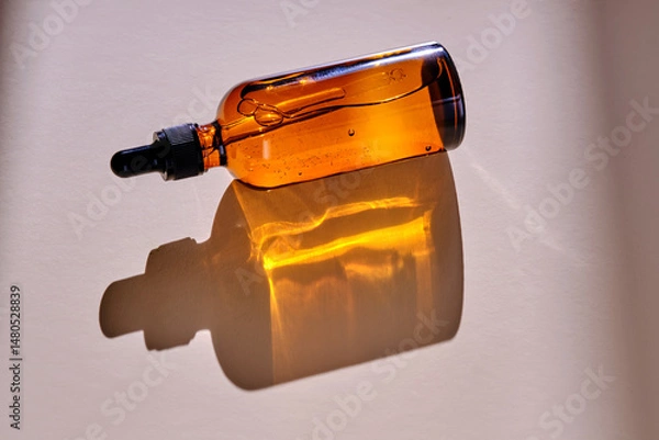 Fototapeta Face serum in a dark bottle in the sunlight.