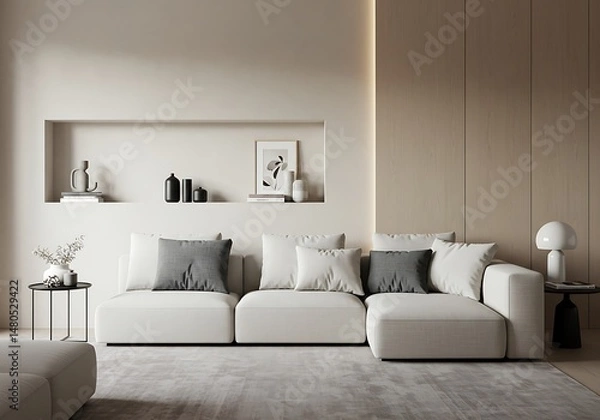 Fototapeta Modern living room features a modular sofa and decorative shelf