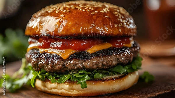 Fototapeta Delicious, juicy hamburger with melted cheese and sauce.