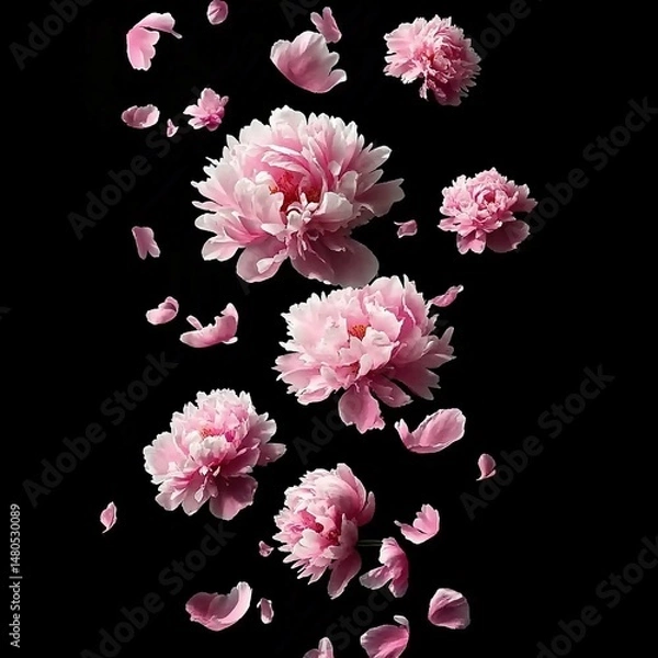 Obraz Pink Peonies with Falling Petals on Black Background