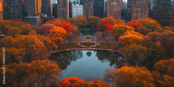 Fototapeta Autumn Park Aerial View with Colorful Trees and Pond, Fall Foliage Landscape, Scenic Nature in Autumn Season  

