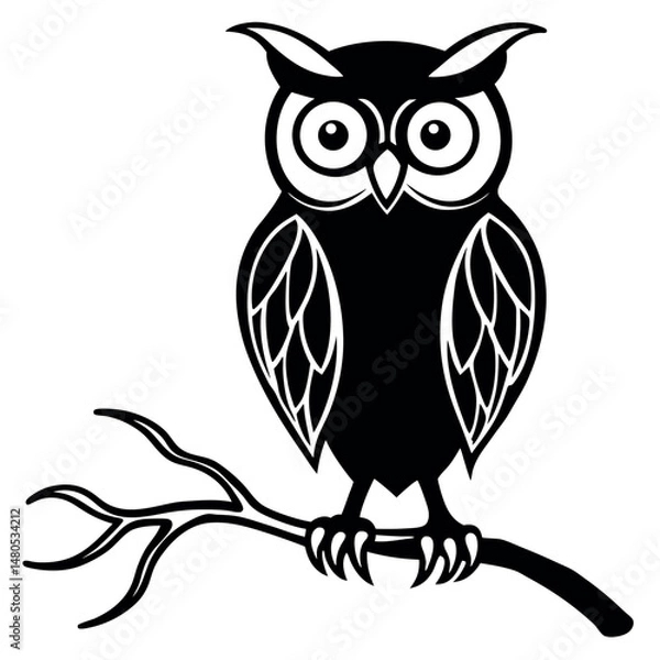 Obraz Stylized Owl on Branch, Black and White Design