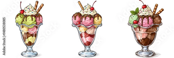 Obraz Three ice cream sundaes with different flavors and toppings in glass cups on a white background on transparent background