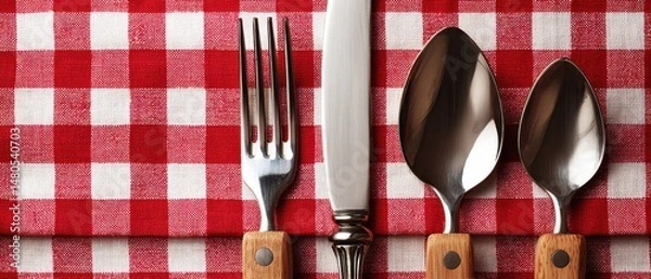 Fototapeta Overhead of Silverware Set on Red and White Gingham Checkered Tablecloth for Dining or Picnic Background