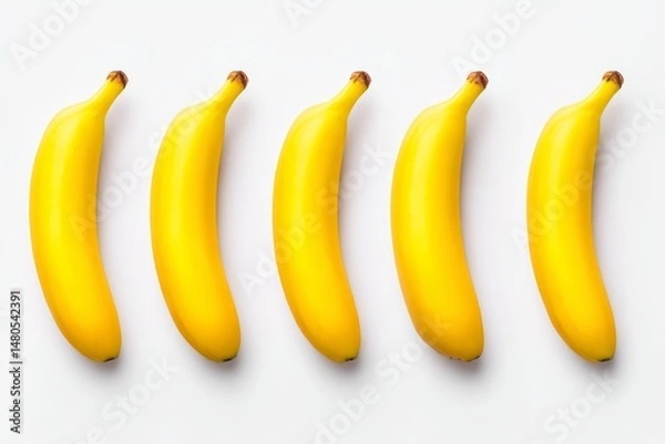 Fototapeta Five Fresh Yellow Bananas on White - Five ripe yellow bananas arranged in a row, symbolizing health, energy, vitality, tropical, and freshness