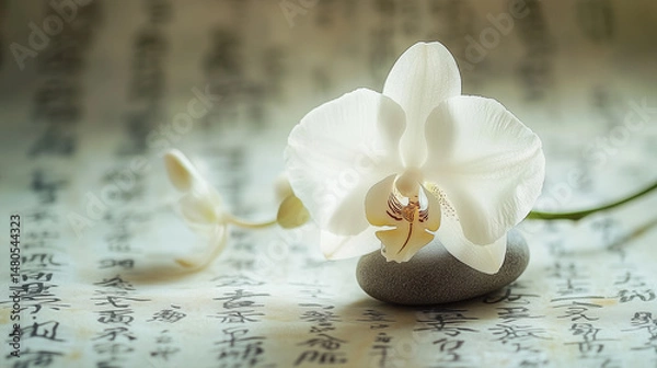 Fototapeta White orchid on a smooth stone over blurred traditional calligraphy background creating a calm and elegant composition