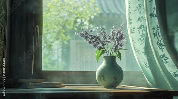 Fototapeta Lilac bouquet in celadon vase on wooden table with calligraphy curtain and books in soft natural light
