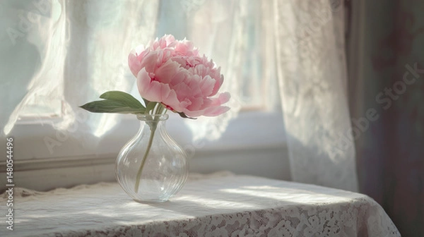 Fototapeta Pink peony in clear vintage vase on lace table with morning light and sheer curtains in soft elegant setting