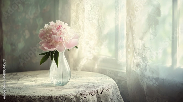 Fototapeta Pink peony in clear vase on round lace table near window with sunlight and sheer curtains in soft elegant interior