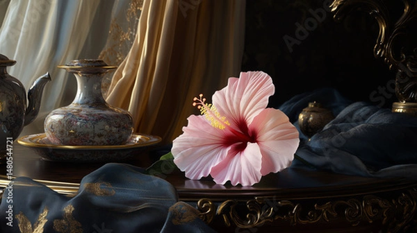 Fototapeta Pink hibiscus on ornate wooden table with gold porcelain set and soft embroidered drapery in elegant vintage interior