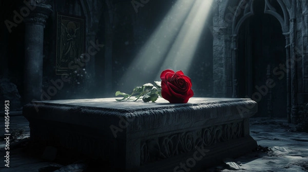 Fototapeta Red rose on stone altar in dark gothic setting with light beam creating dramatic contrast