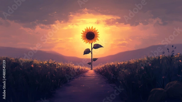 Fototapeta Solitary sunflower glowing at sunset on a peaceful path through a wild meadow