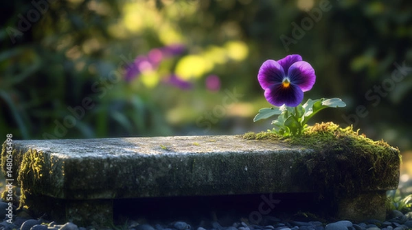 Fototapeta Single violet pansy blooming near mossy stone bench in soft garden light with blurred foliage