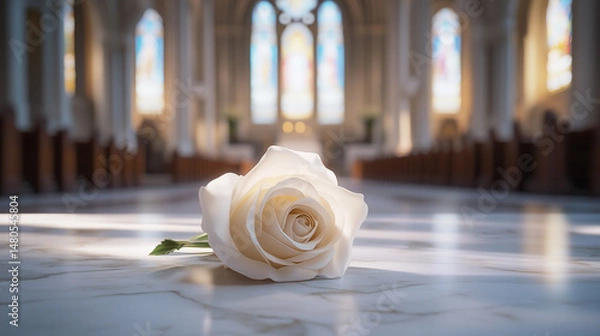 Fototapeta White rose resting on sunlit marble floor in cathedral with stained glass windows and soft light