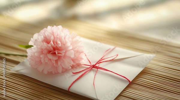Fototapeta Pink carnation resting on white envelope tied with red string placed on bamboo mat in soft natural light