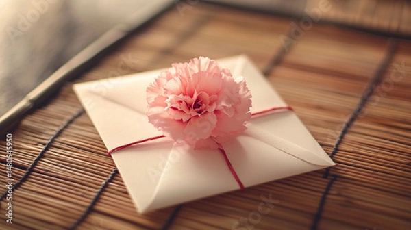 Fototapeta Pink carnation on white envelope tied with red string on bamboo mat in warm soft light