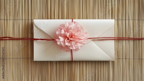 Fototapeta Pink carnation on folded envelope tied with red string placed on bamboo mat in soft light