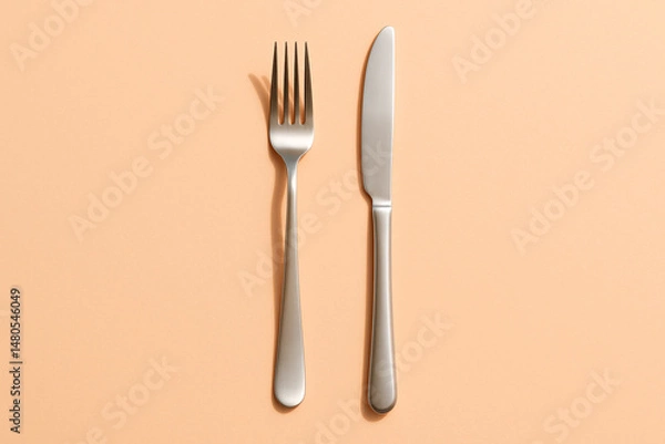 Obraz Stainless steel fork and knife neatly arranged side by side on a peach-colored background