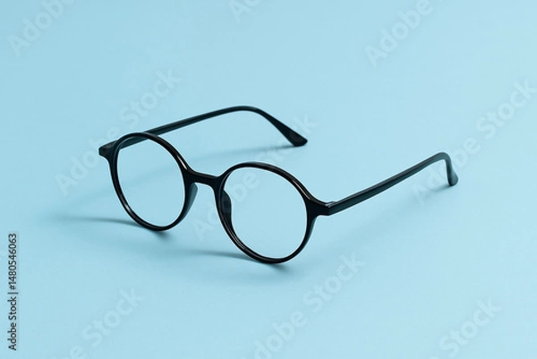 Obraz Stylish round black eyeglasses placed on a pastel blue background with a clean, minimal aesthetic