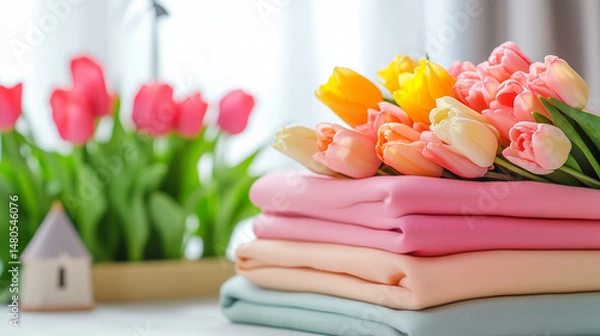 Fototapeta Pastel tulips on stacked fabric in soft light with blurred background and spring colors in a cozy home setting