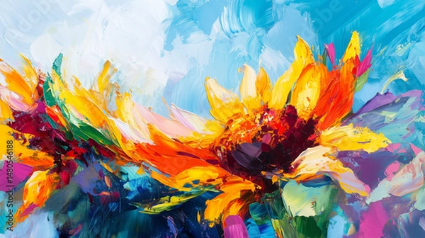 Fototapeta Vivid abstract sunflower painting with bold acrylic brushstrokes in bright yellow, red, and blue on a textured canvas with dynamic motion
