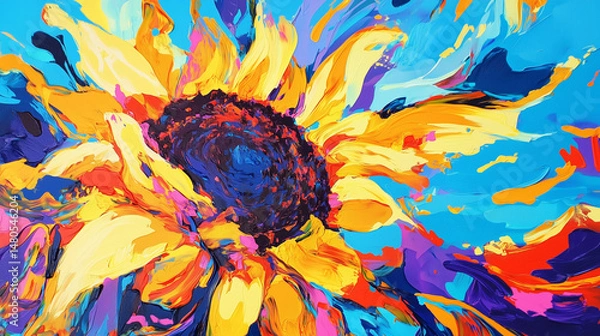 Fototapeta Bold abstract sunflower painting with thick acrylic strokes in vivid yellow, blue, red, and purple colors on bright textured canvas