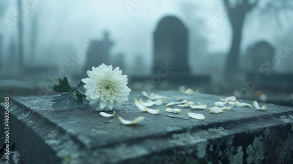 Fototapeta White chrysanthemum resting on an old grave with scattered petals and tombstones in a misty, atmospheric cemetery background