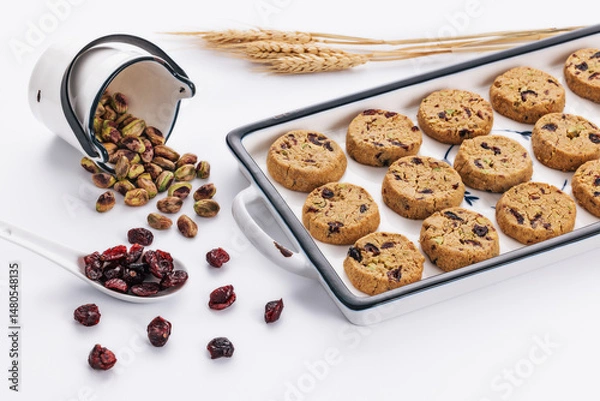 Fototapeta Tasty round homemade healthy biscuit made of oats, butter, nuts and dried fruits