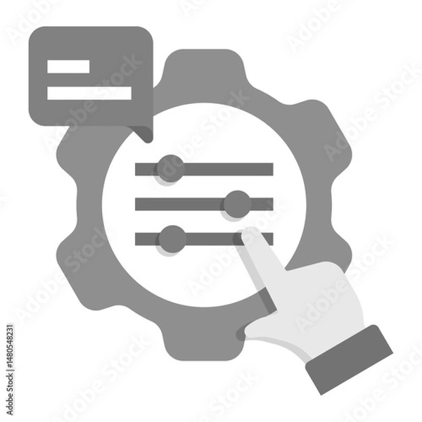 Fototapeta Model Tuning Icon. Gear with sliders and feedback bubble for machine learning configuration, AI parameter adjustment, and fine-tuning processes.